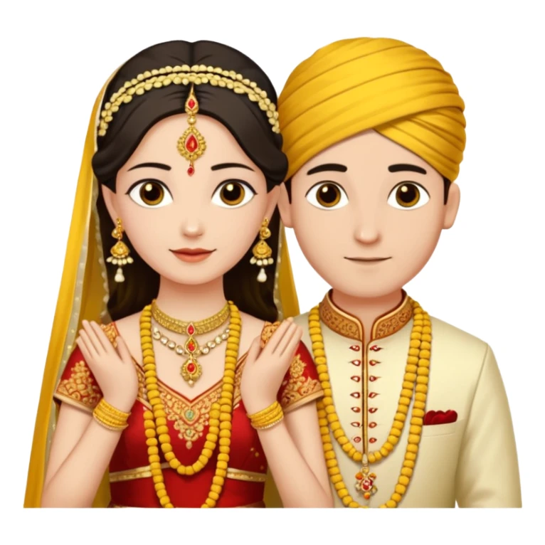 
A yellow sacred thread with two small gold pendants being tied around a bride's neck. The groom's hands are tying the knot while traditional Indian wedding elements like flowers and decorative details are visible in the background. Warm, ceremonial aesthetic. sticker