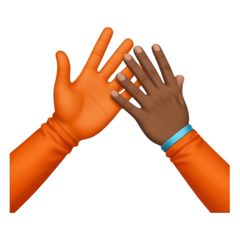 a high-five between two hands, one fair-skinned and one dark-skinned, wearing bright orange sleeves. sticker