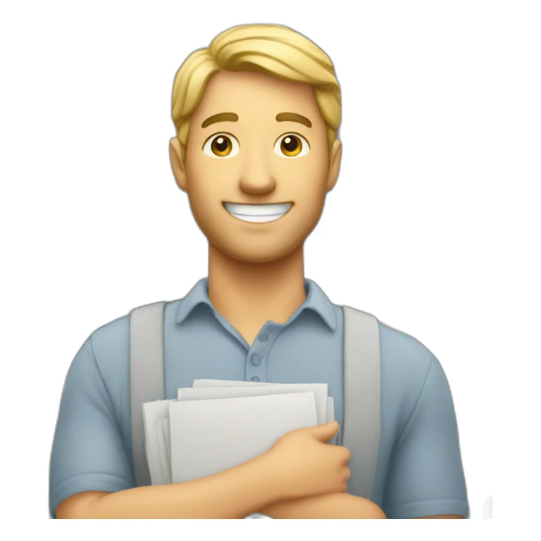 A smiling man holding a gray apartment building in his hand sticker