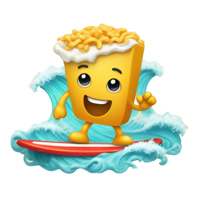 Single macaroni surfing on a surf board in the ocean with waves sticker