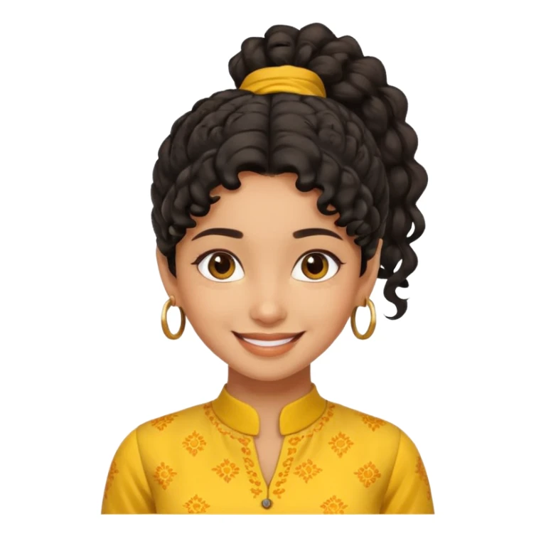 black curly-haired fair Indian girl, ponytail, yellow kurti, smiling sticker