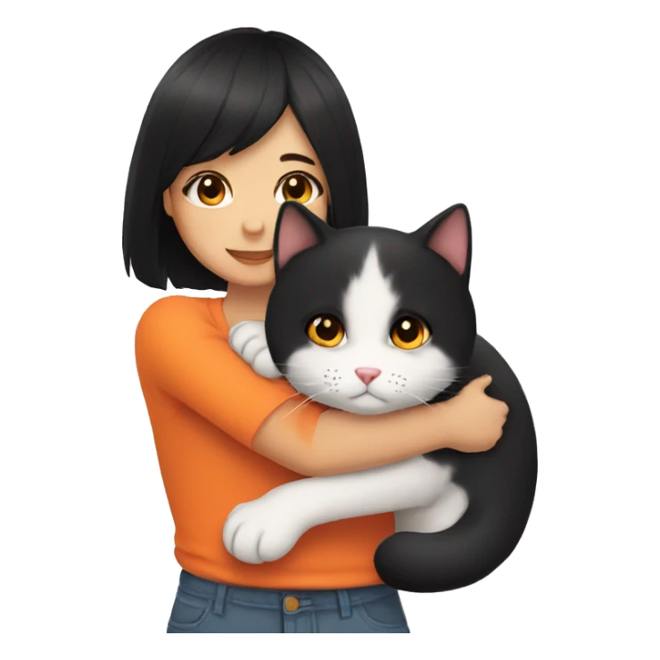 girl with black hair hugging a Orange and white cat sticker
