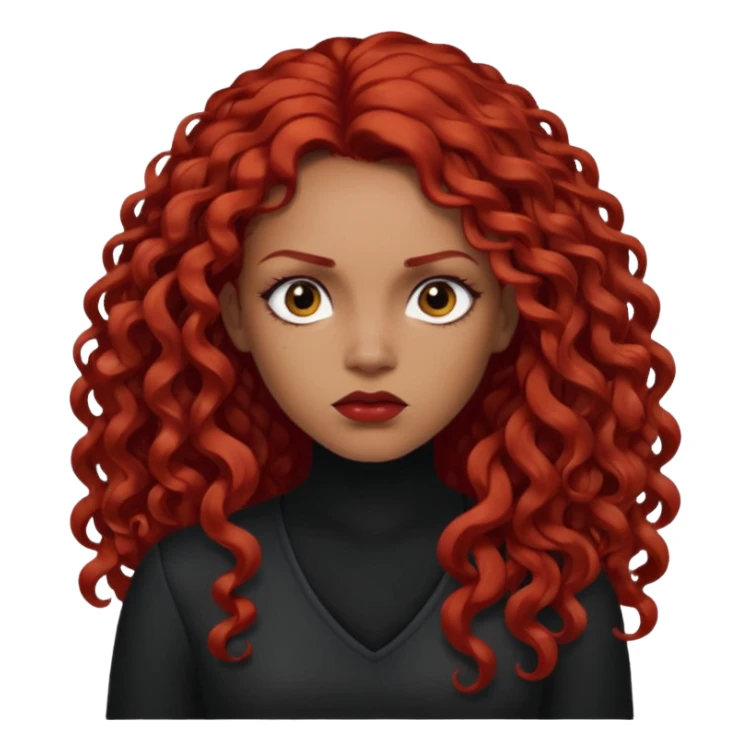 Preta, do cabelo grande cacheado, vermelho, cara de Seria, com tope sticker