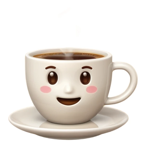 A plain 3D cartoon coffee cup filled with hot coffee, no saucer, light steam rising, glossy ceramic texture, warm soft lighting, realistic Memoji-style on a dark background. sticker