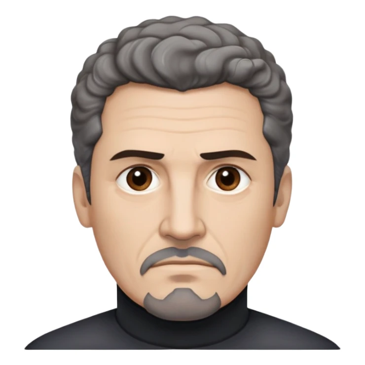 Man in his 50s with light brown complexion. Strong square jaw. Stern dark eyes with intense gaze. Thick eyebrows in a focused expression. Black goatee with gray streaks. Short curly dark hair with receding hairline. No smile, authoritative look. Wearing a black turtleneck. sticker