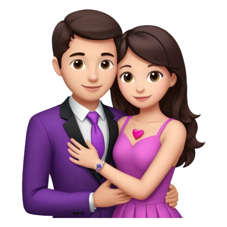 Brunette girl, with an engagement ring on her finger hugging a handsome man, (her boyfriend) both of them happy, she’s wearing a pink dress, he is wearing a black suit, he’s also a rich businessman, and there is the 💜 purple heart emoji on top. They look in love with each other.  sticker