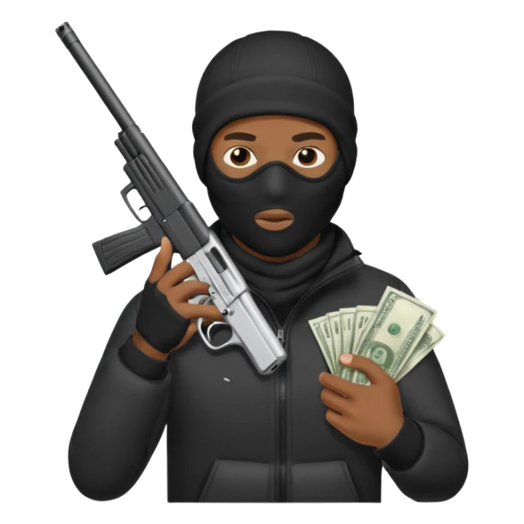 Create a black man wearing a ski mask while holding a gun in one hand and money in the other sticker