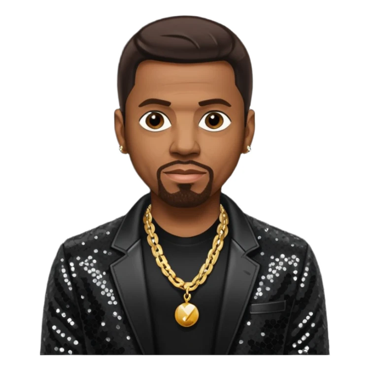 Keith Sweat (b.1961) with dark brown hair, black sequin jacket, black shirt with necklace sticker