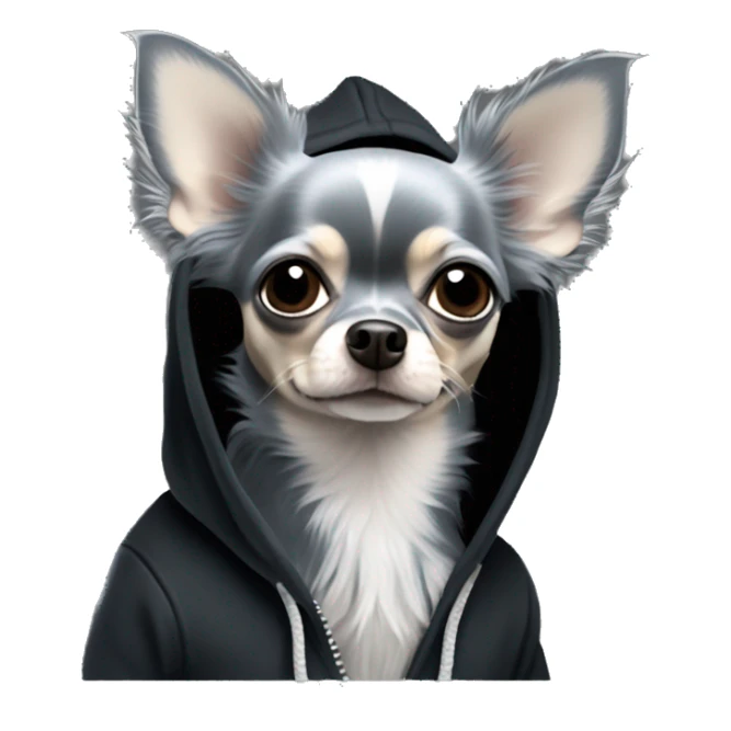 Realistic blue grey long hair chihuahua dog in a black hoody sticker