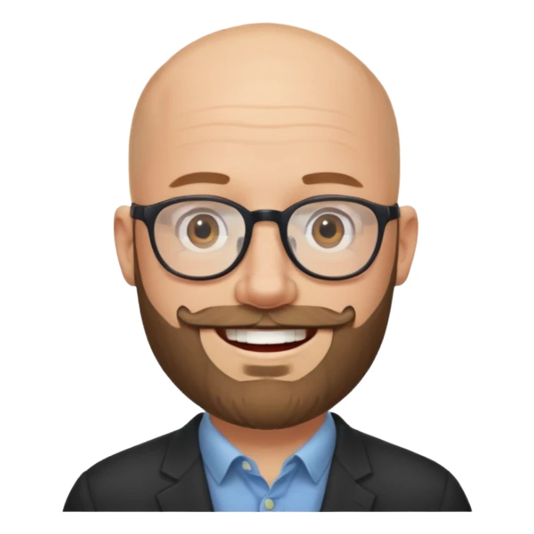 Bald white man with glasses and beard smiling big sticker