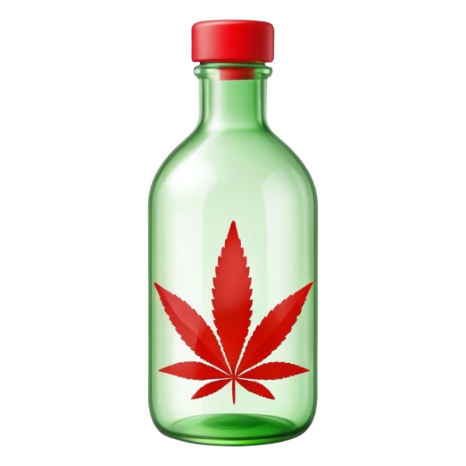 Curved glass bottle in red with a green cannabis leaf printed on it and clearly labeled "red pop" on the bottle sticker