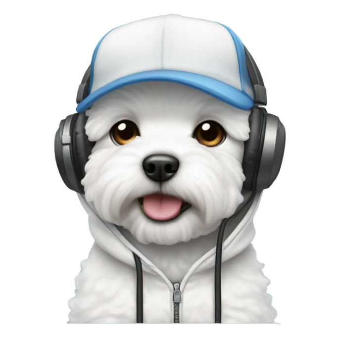 A Bichon wearing a baseball cap and headphones and a hoodie  sticker