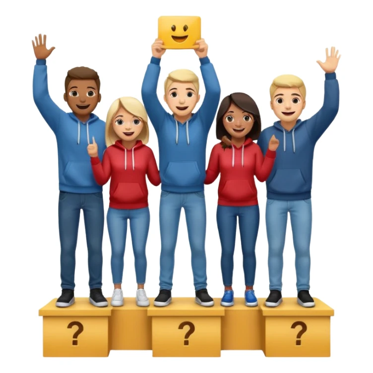 multi-racial men and women standing on a winners’ podium with the middle podium position elevated, each person casually dressed in fun clothing like jeans and hoodies, excited, fun emoji style sticker
