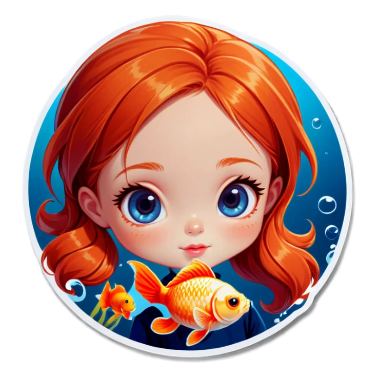 ginger girl with blue eyes next to a goldfish sticker