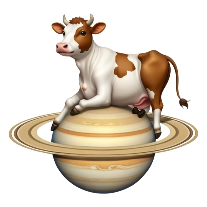 A cow with its head attached to planet Saturn as its body, with Saturn's rings around the middle, and giant realistic human feet at the bottom sticker