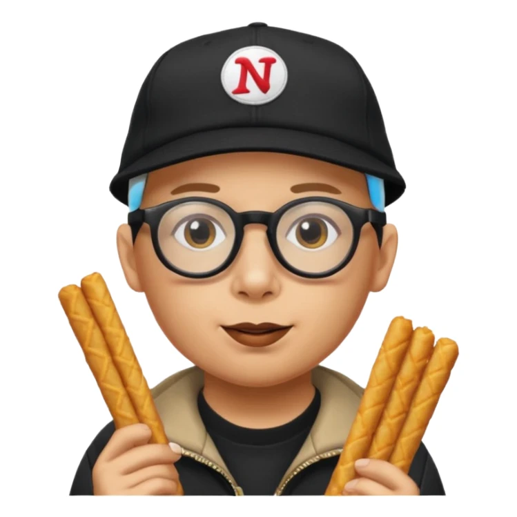 num num eatting hashbrown sticks with a plain black cap and glasses no hair add Rollin' 18 to hat sticker