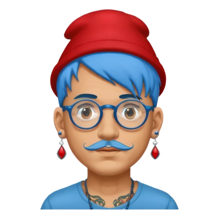 unique looking tourist with big unique red tourist felt hat and earrings, man with lots of tattoes and spectacles, blue hair showing sticker