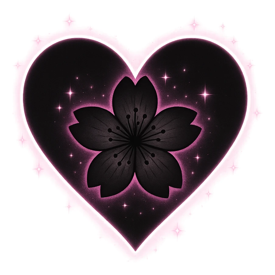 goth sakura black heart with glowing pink outline and magical sparkles, remove background sticker