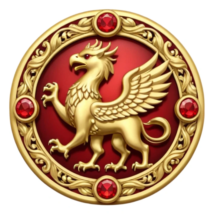 Golden griffin crest / brosch in a circle with red gems and no background sticker