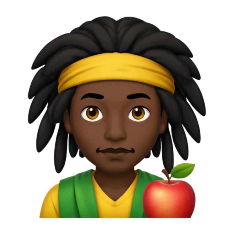 a man with black skin, black hair, black eyes, black eyebrows, black nose, brown lips, and rasta hair, apple emoji style, no text sticker