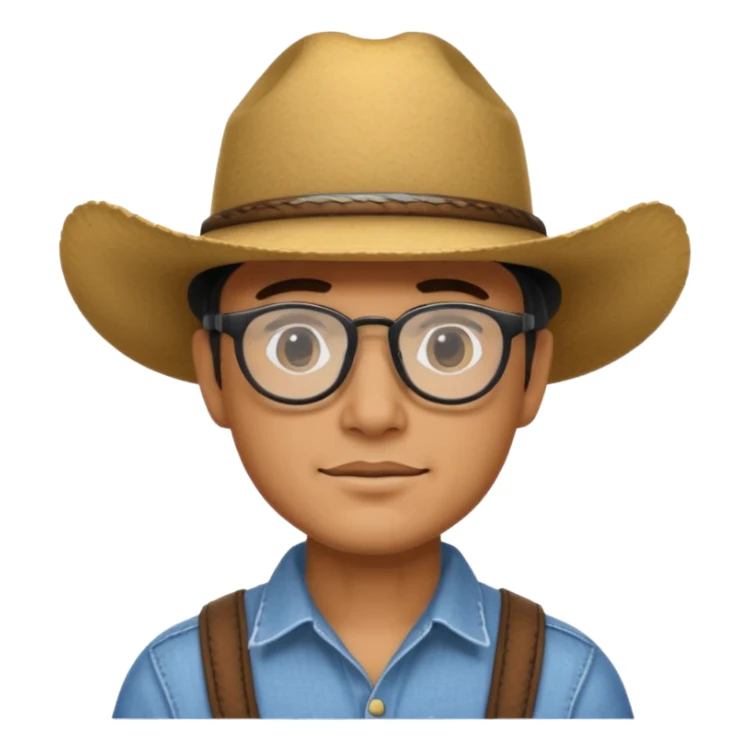 Man wearing a cow boy hat with black glasses and a chin strap   sticker