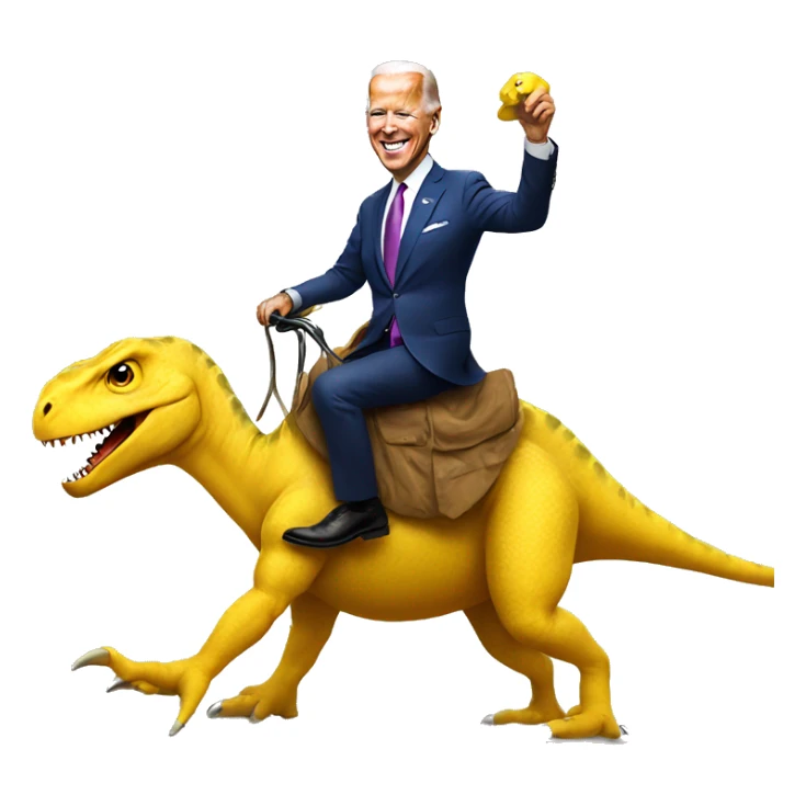 Joe Biden riding a yellow dinosaur  sticker