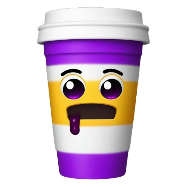 Styrofoam double cup with purple liquid inside, and a silly face on the outside sticker