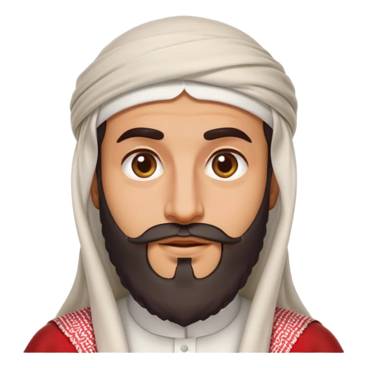 Saudi man emoji style, sharp features, white thobe, red shemagh, wide beard, friendly expression sticker