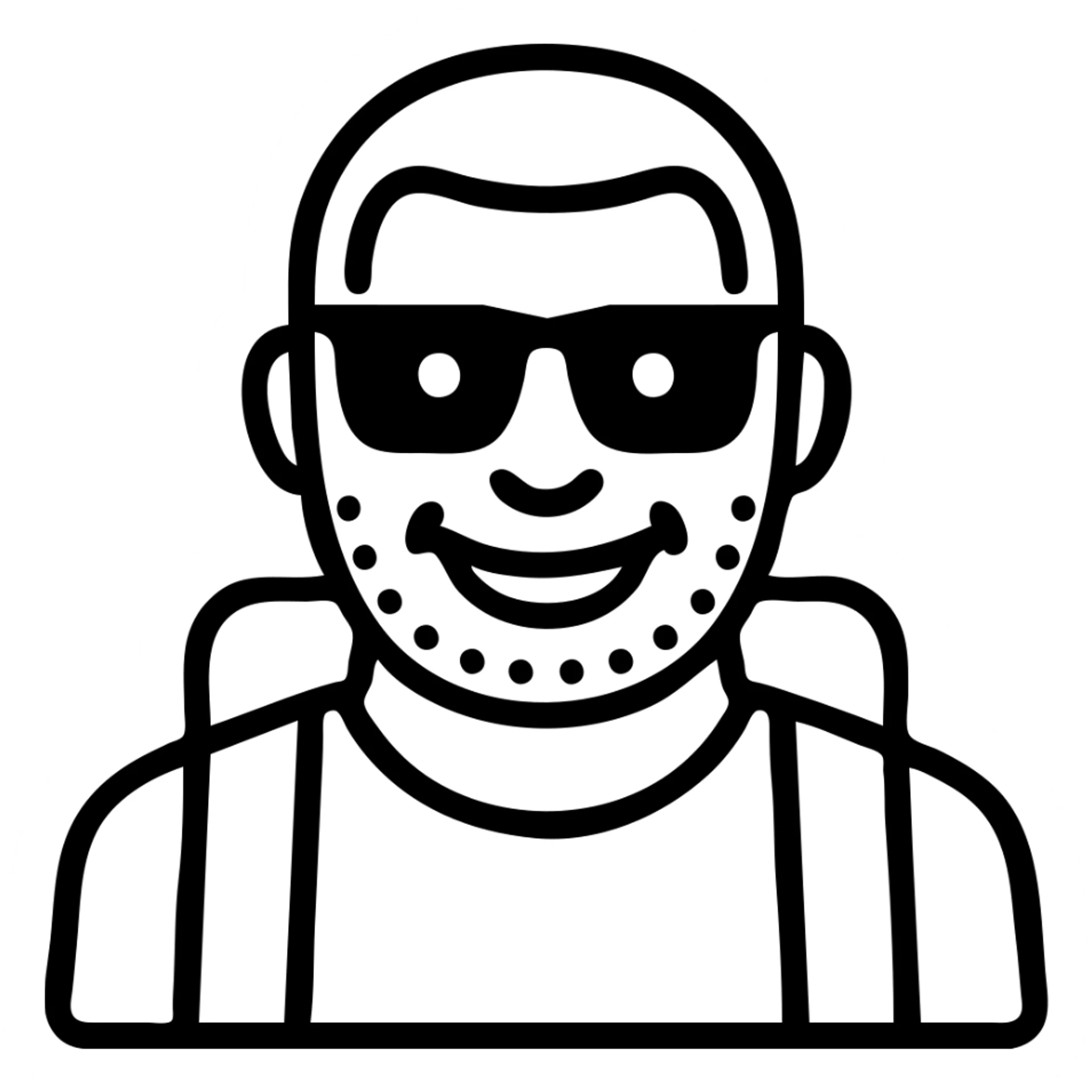 Make the bold man smile, keep the flat icon outline style, squared dark glasses, blue eyes, traveler vibe. sticker