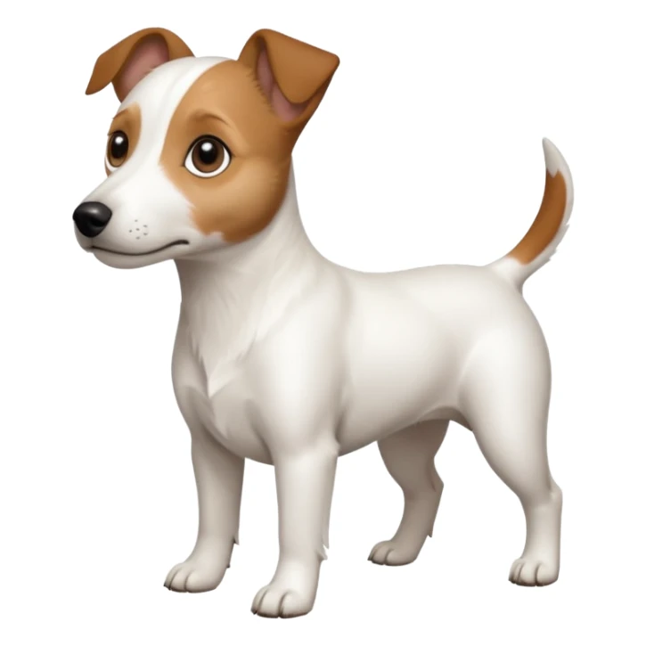 a full body white jack russel looking dog the size of a kelpie with light brown ears and a light brown patch on one eye, flopped down ears and a large snout sticker