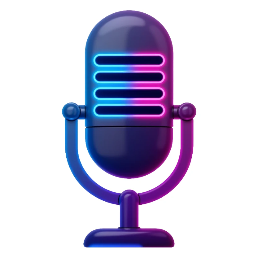 desktop studio microphone with neon glow effect, blue and purple neon glow on top left, pink neon glow on bottom right sticker