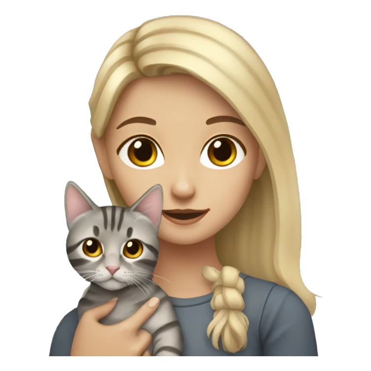 Blonde girl with brown eyes holding a gray tabby cat sticker