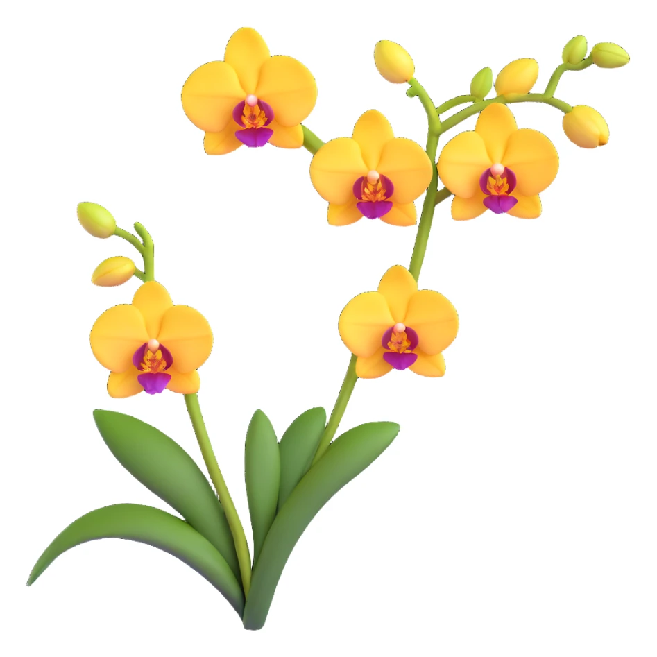 Realistic single orchid stem with multiple flowers arranged along one elegant arching stalk with green leaves sticker