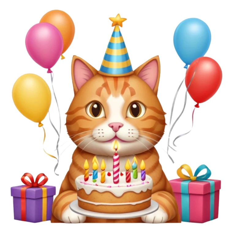 Ginger tabby cat celebrating birthday, birthday hat, birthday cake, balloons, happy, gifts sticker