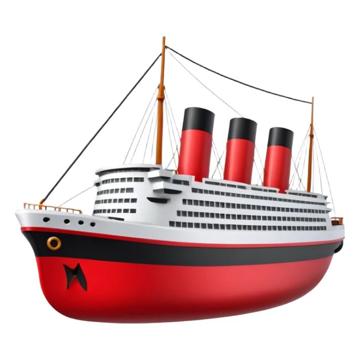 A 3D stylized Titanic ship in Apple emoji style, smooth and glossy surface, clean white and black colors with red accents, large expressive windows but no face, sailing on calm ocean with soft lighting, Pixar-quality render, minimal and elegant design, isolated on studio background.

 sticker