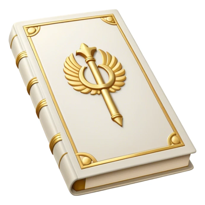 A white leather book with golden accents, smooth and polished, embossed with a symbol of six pillars columns,, radiating strength, confidence, and the power of self-worth.  sticker
