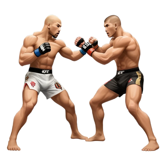 wo MMA fighters in the octagon, one delivering a strong punch while the other defends with a guard. The background shows the UFC octagon with the crowd in the distance. Transparent background emphasizes the dynamic intensity and skill of mixed martial arts. sticker