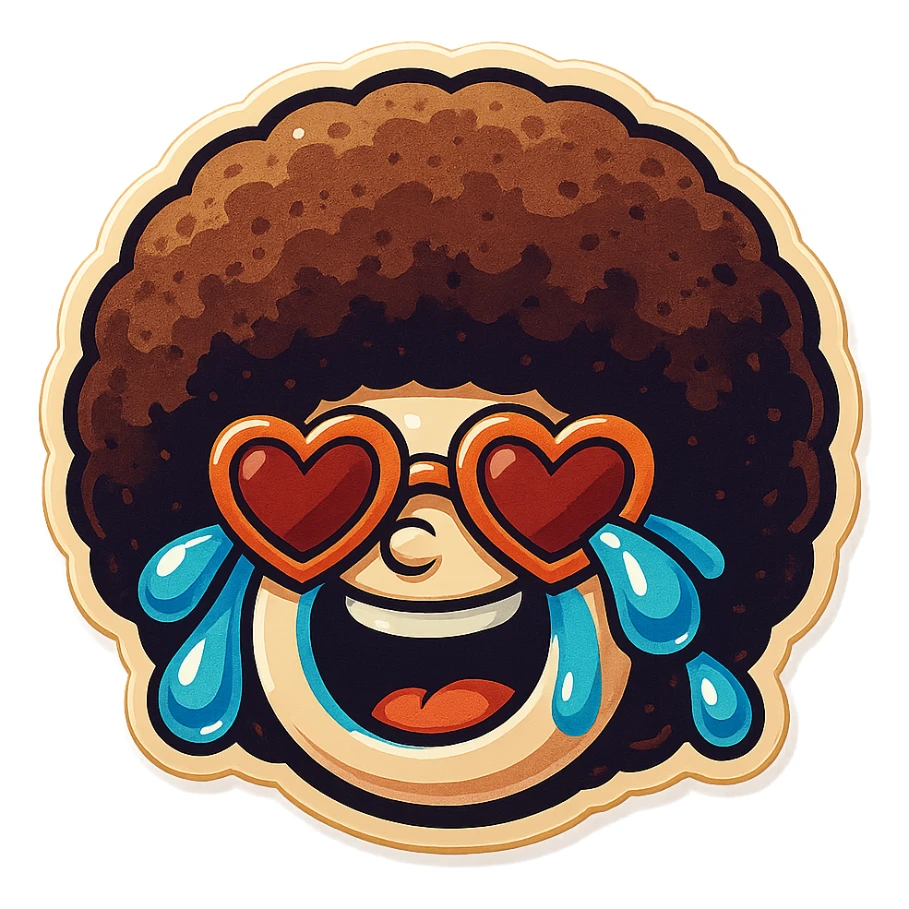 White circle face, afro, heart glasses, laughing with large tears sticker