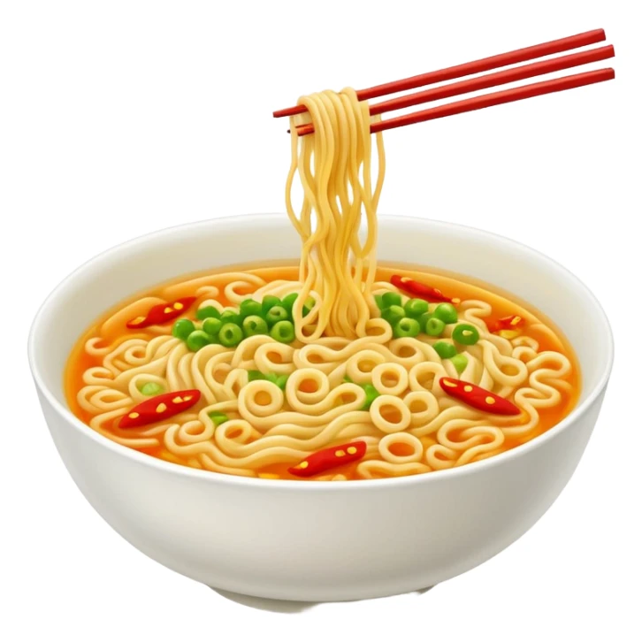 a bowl of instant noodles, steaming, with chopsticks, appetizing, simple emoji style sticker