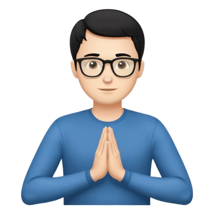 A white Man with black hair doing namaste with wearing specs sticker