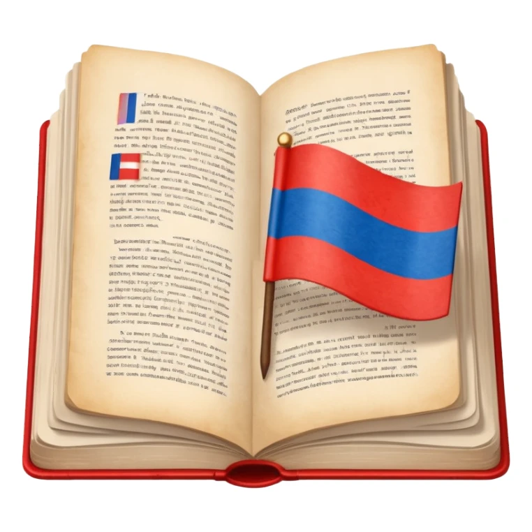 Open book showing Cyrillic text with a small Russian flag bookmark sticker