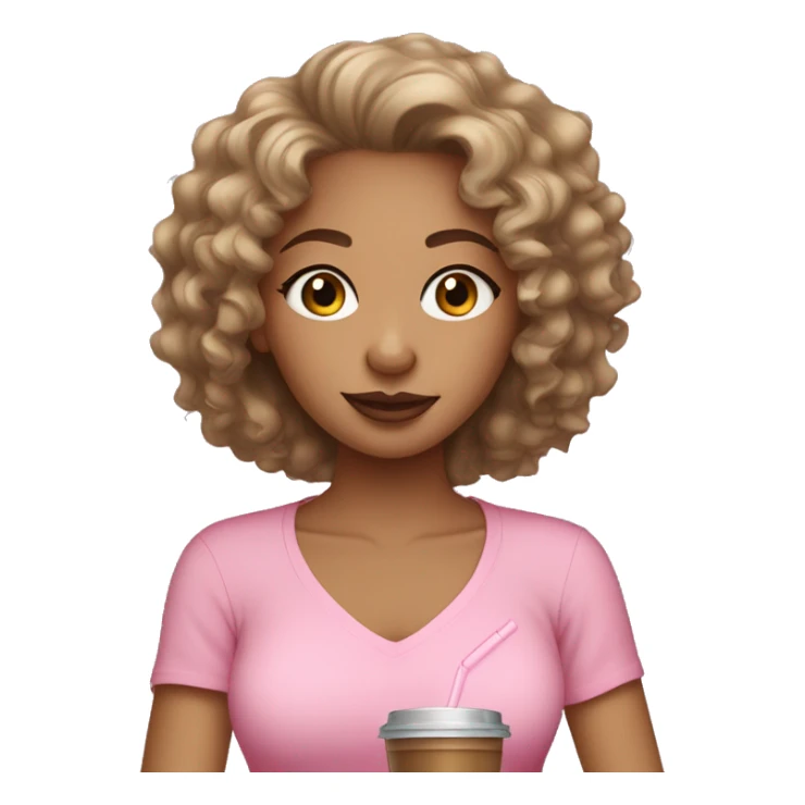 Light skin girl with curly hair wearing a pink shirt drinking iced coffee sticker