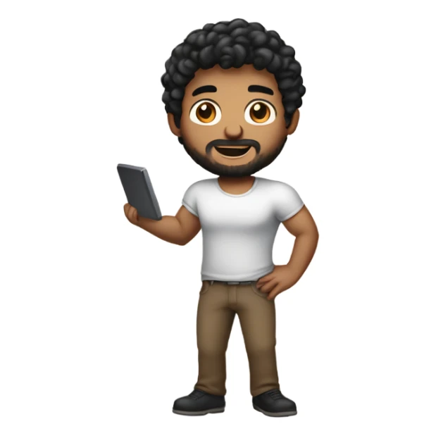 men holding his computer in hands. light brown skin men with curly black hair, dark brown eyes, little grown beard. ust a tiny bit muscular. dressed casual. round face. sticker