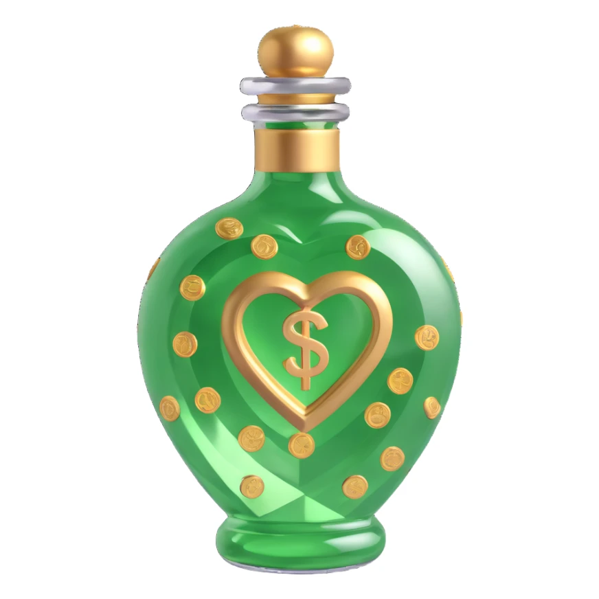 3D heart-shaped bottle with diamond effect, main color luxurious #c0ff53 green, many gold details, inside money motif (euros), very luxurious sticker