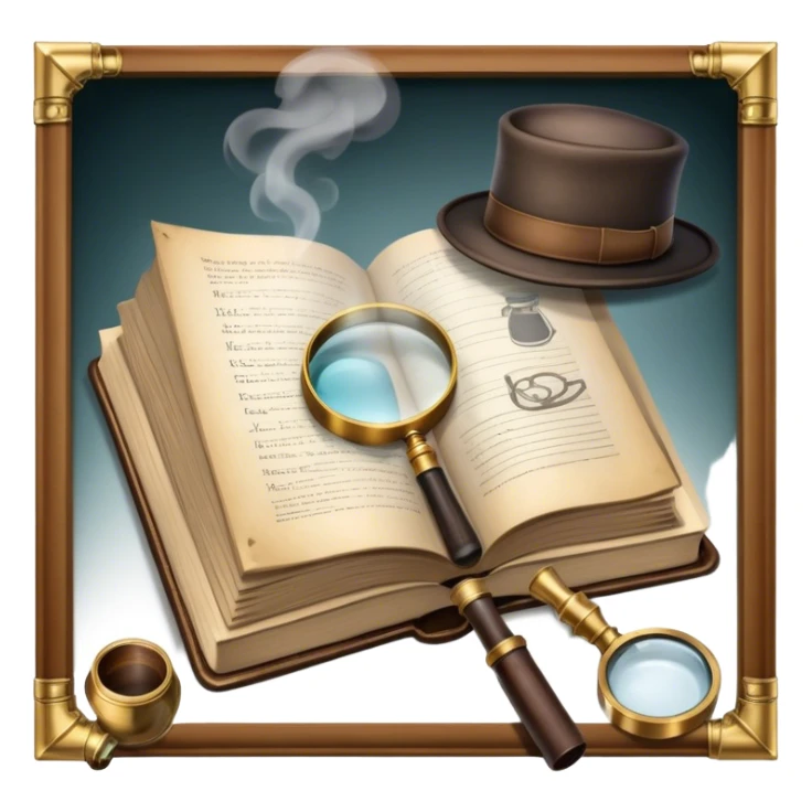 Icon for Detective Reading: an open book with a magnifying glass, a detective’s hat, and a notebook with clues, surrounded by dark shadows and mysterious elements like footprints and a smoking pipe. Transparent background. sticker
