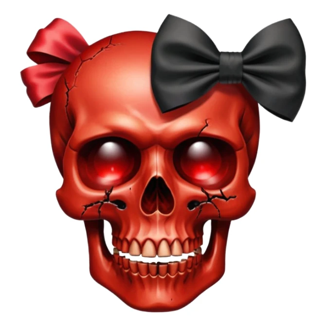 make me a red crystal skull partly see thew super gem like make it realistic and held together by a big black bow super realistic skull cracking all over the eyes are black and rotting  sticker