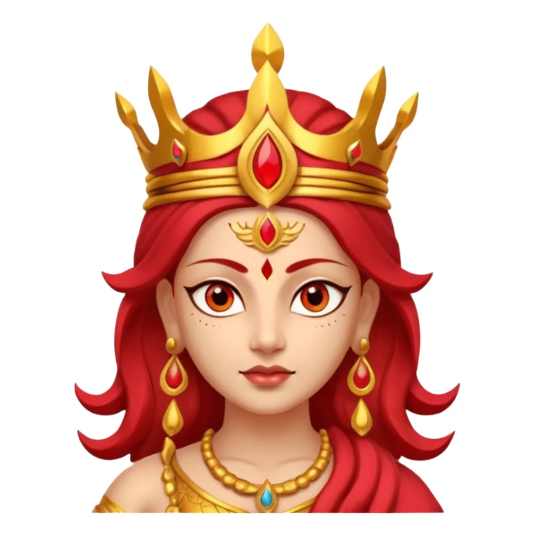 Hindu goddess Durga portrait, head and shoulders only, fierce warrior look, red and gold crown, powerful eyes, divine aura, 3D cartoon, mobile game icon style, clean background, no text, no watermark
 sticker