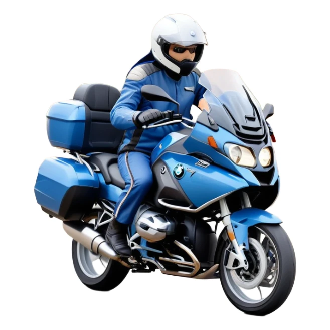 blue BMW RT1200 touring motorcycle with rider on open road sticker