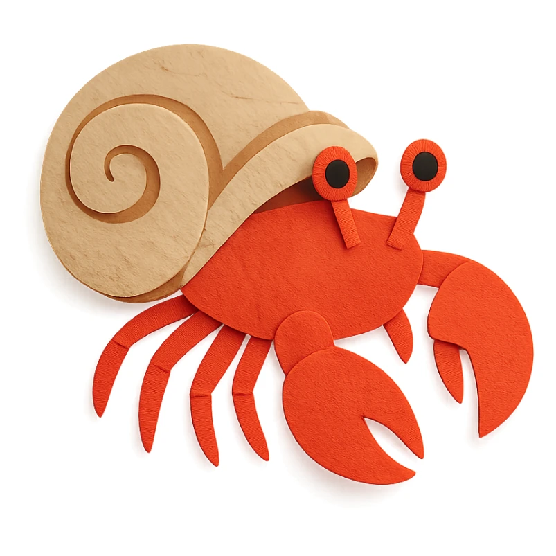 hermit crab with a spiral shell on a white background in paper-craft style sticker