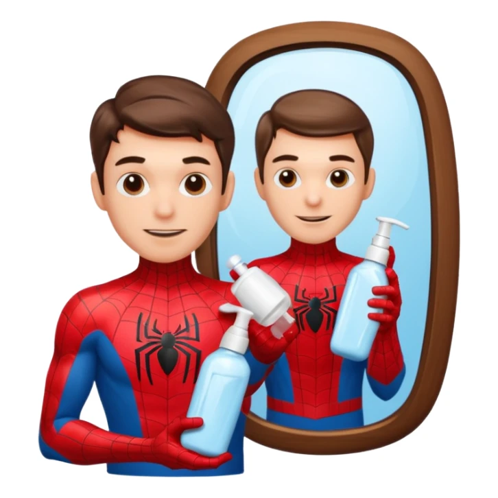 Spiderman holding a bottle of moisturizer, looking in a mirror, fun and casual sticker